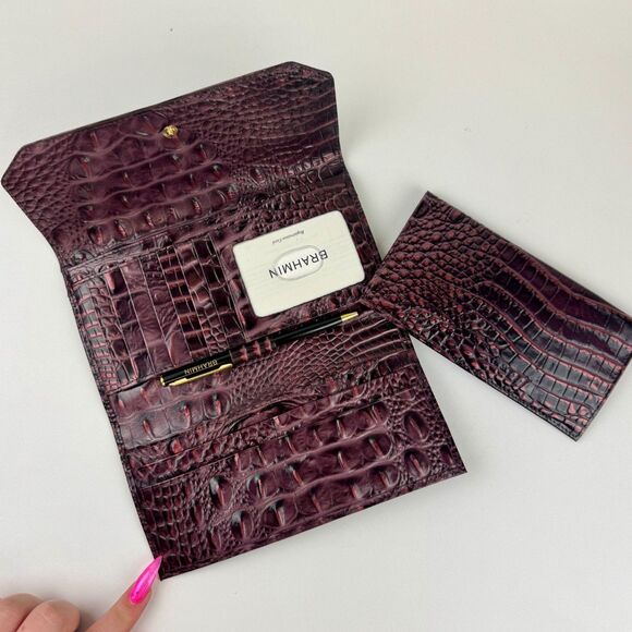 Brahmin Cordelia Trifold Wallet Checkbook in Fig Jam Croc Embossed Leather NEW - Picture 8 of 13